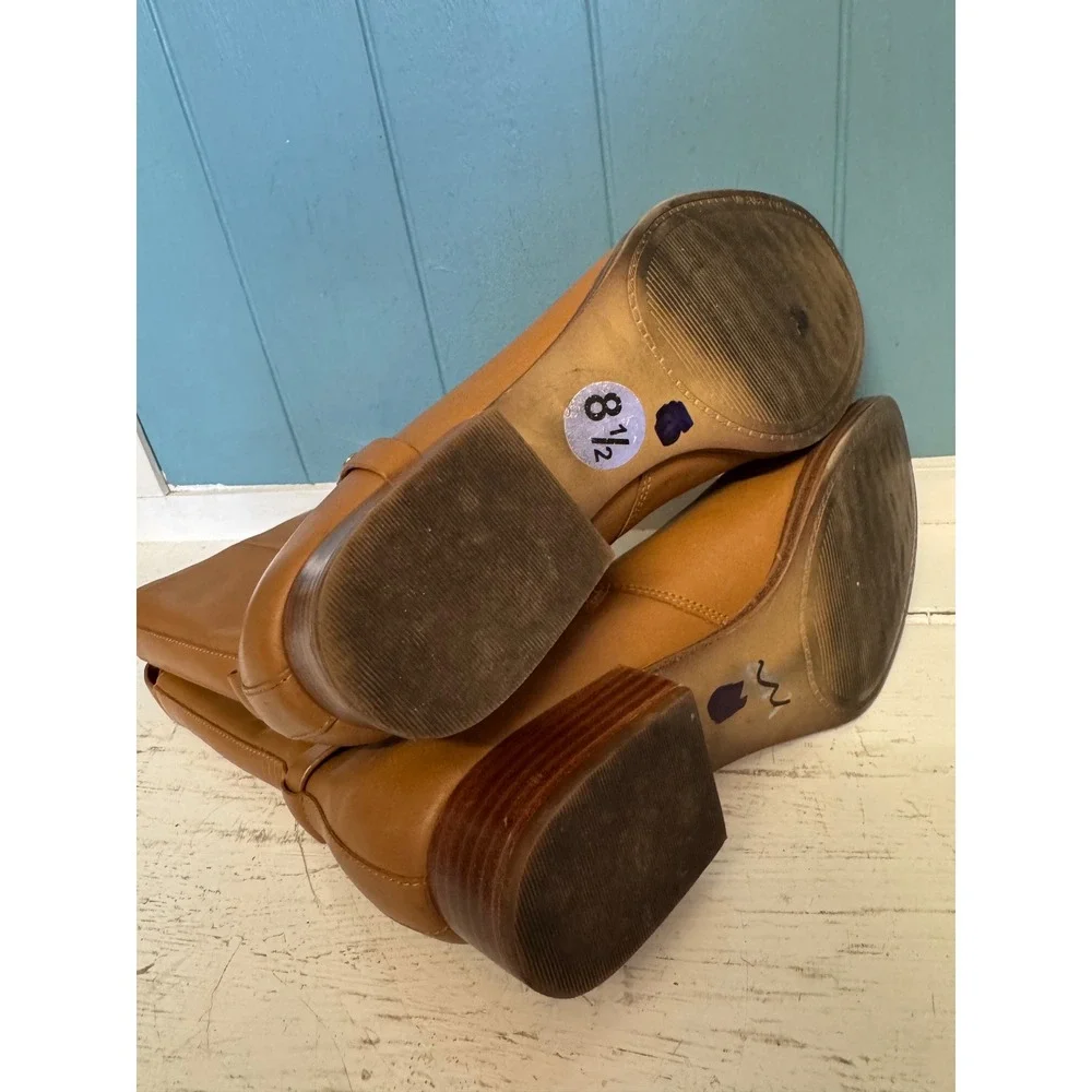 Michael Kors Tan Leather Mid-Calf Boots Gold‎ MK Logo Medallion Size 8.5M